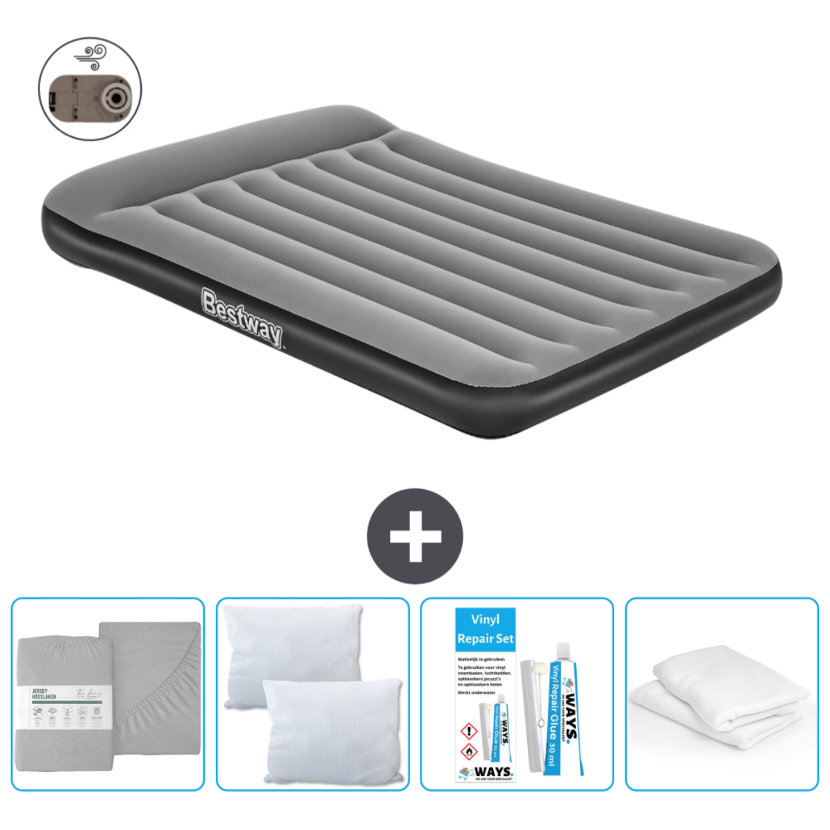 Grijs Bestway luchtbed, kussens, reparatieset. Plus grijze lakens.
