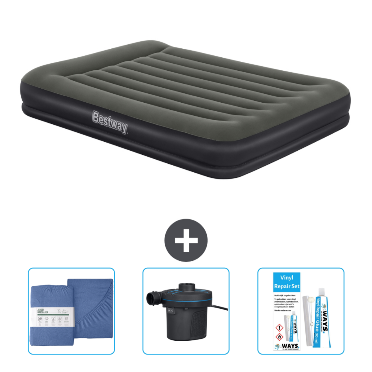 Matelas pneumatique Bestway gris et noir avec draps, kit de réparation et pompe.