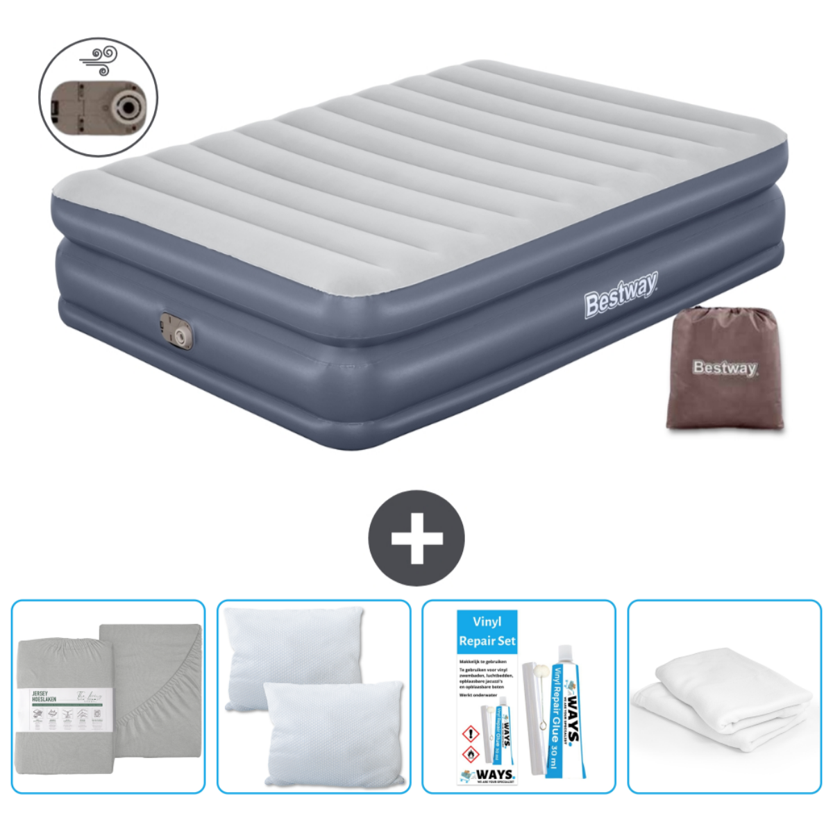 Grijs Bestway luchtbed, hoeslakenset, kussens, reparatieset, draagtas en pomp worden getoond.