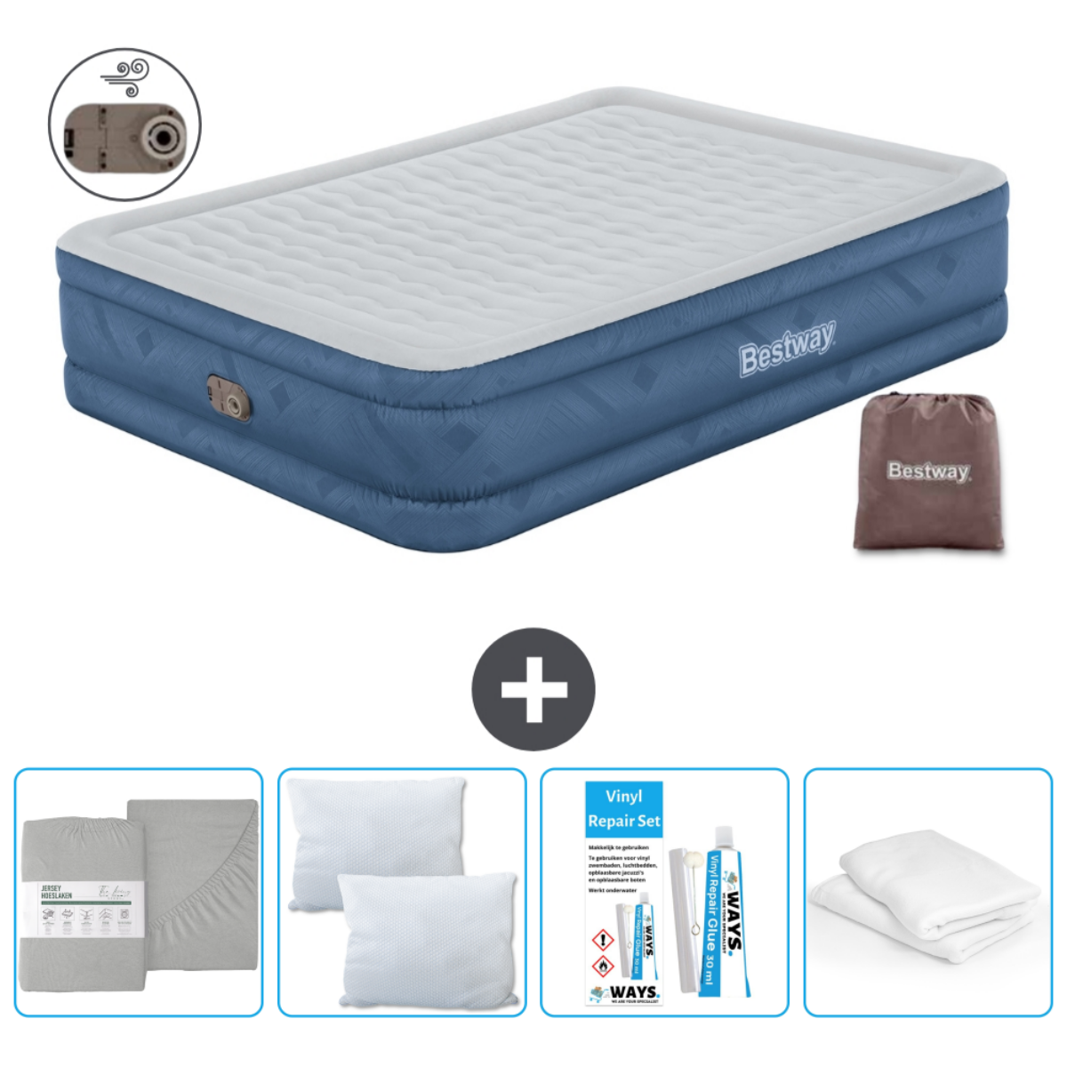 Blauwe Bestway luchtmatras met een witte bovenkant, bruine tas, beddengoedset, kussens en reparatieset. Plusteken.
