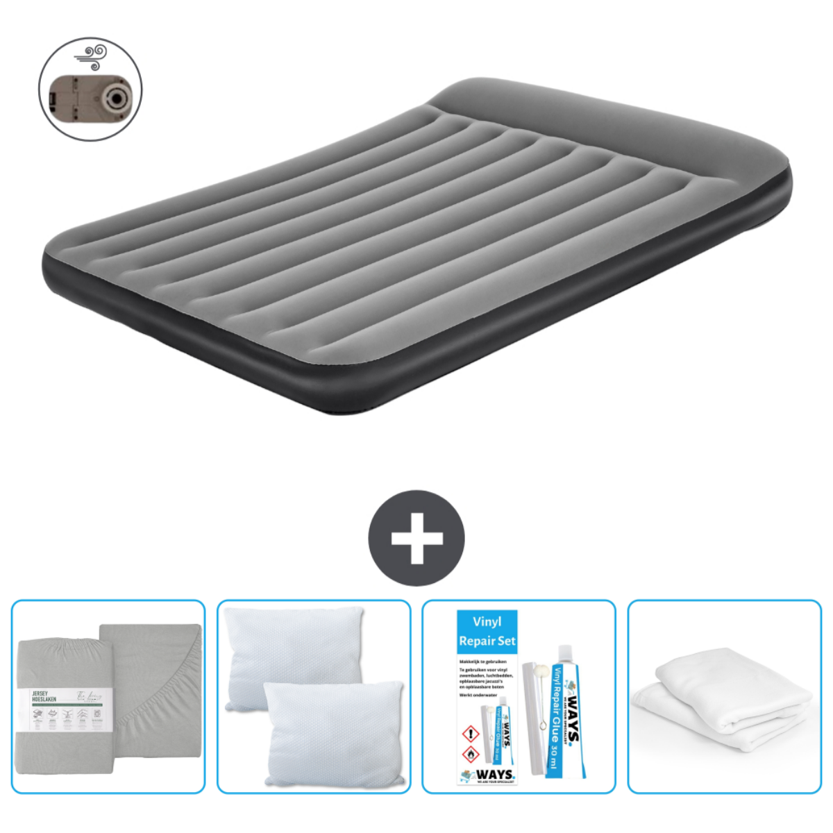 Grijs opblaasbaar matras met zwarte rand en pomp. Inclusief lakens, kussens en reparatieset.