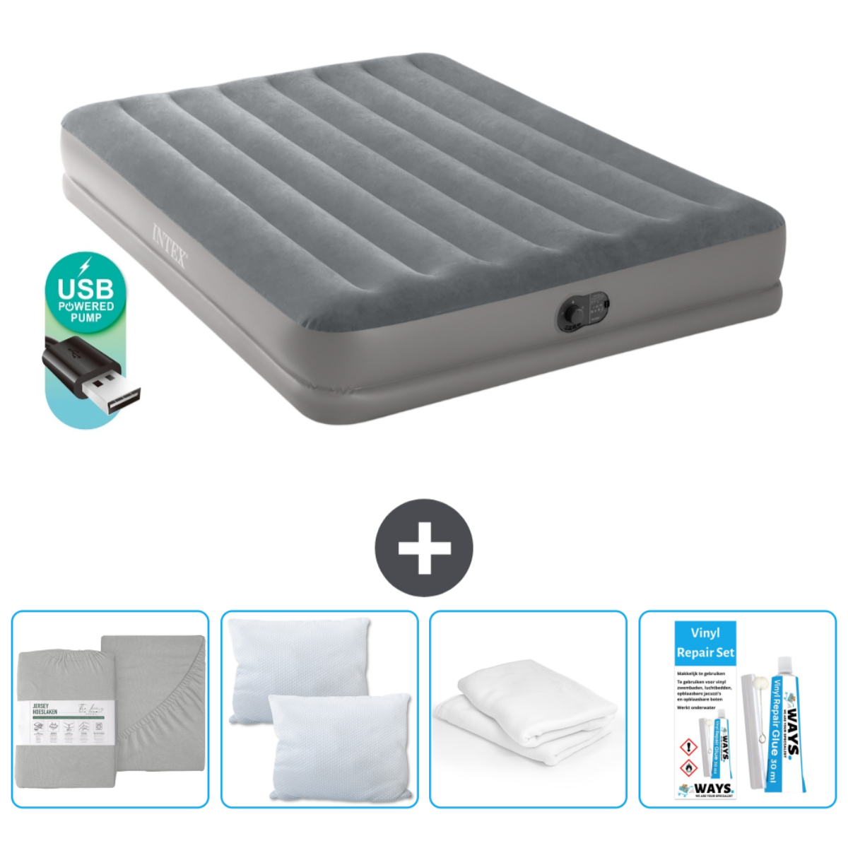 Matelas gonflable Intex gris avec pompe USB, draps gris, oreillers et draps blancs. Blanc.