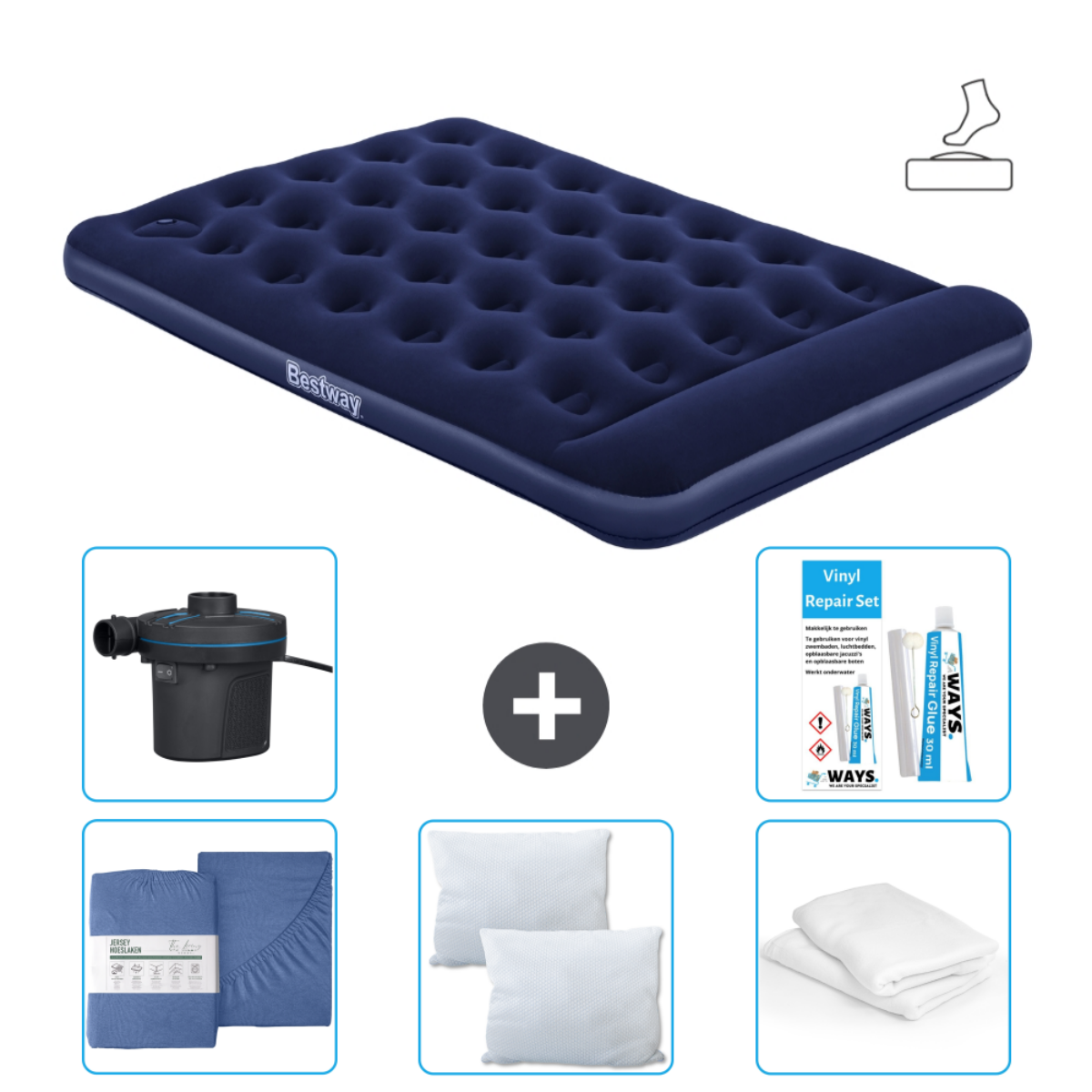 Matelas gonflable bleu avec logo Bestway, ensemble de draps, pompe et kit de réparation. Comprend une icône de pied. Le lit est bleu.