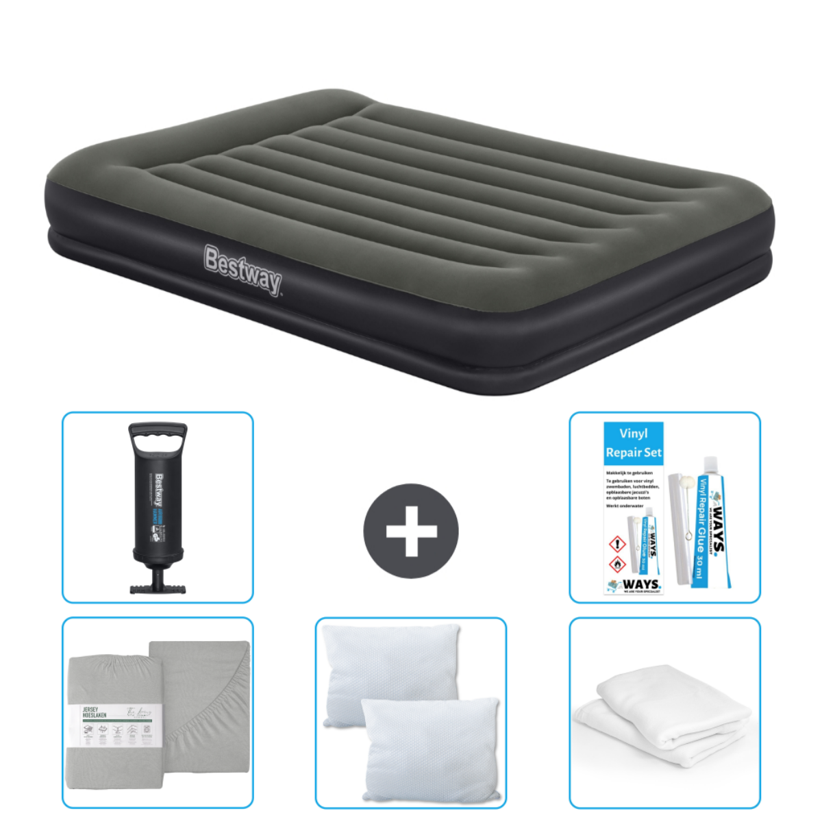 Matelas pneumatique Bestway gris, pompe, ensemble de draps, oreillers et kit de réparation.