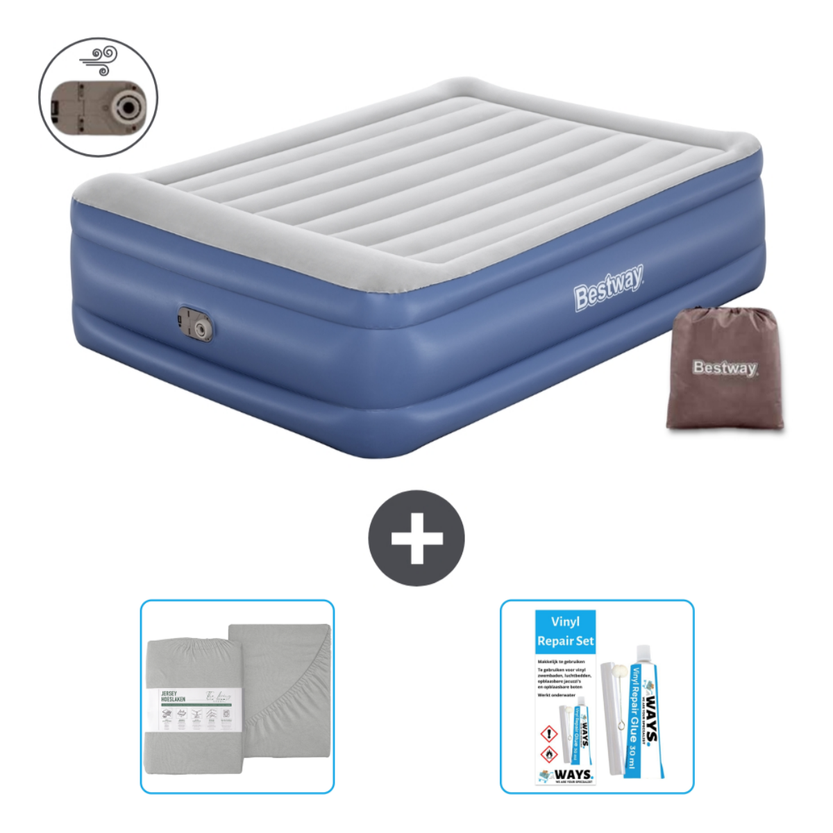 Blauw Bestway luchtbed met witte bovenkant, reparatieset en bruine tas. Plus grijze lakens.