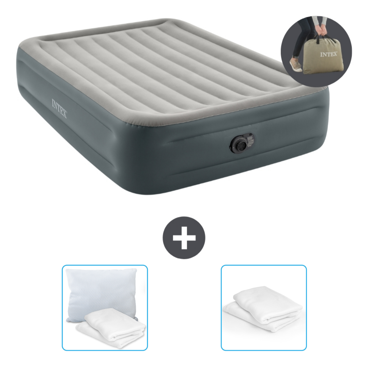 Matelas gonflable Intex gris foncé, oreiller, ensemble de literie et un sac avec l'inscription Intex. Plus.