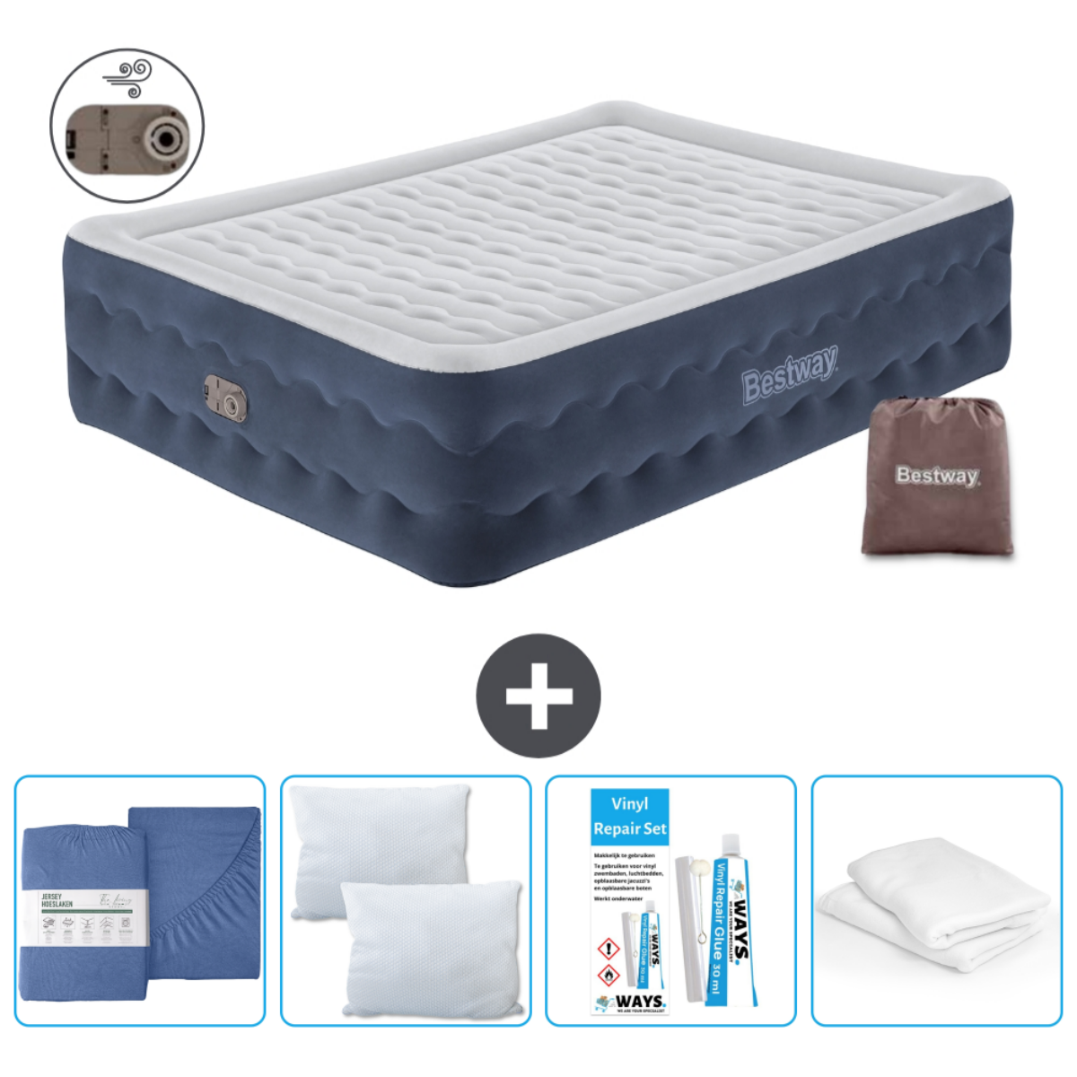 Matelas gonflable Bestway bleu avec sac marron, oreillers blancs, draps, kit de réparation. Blanc.