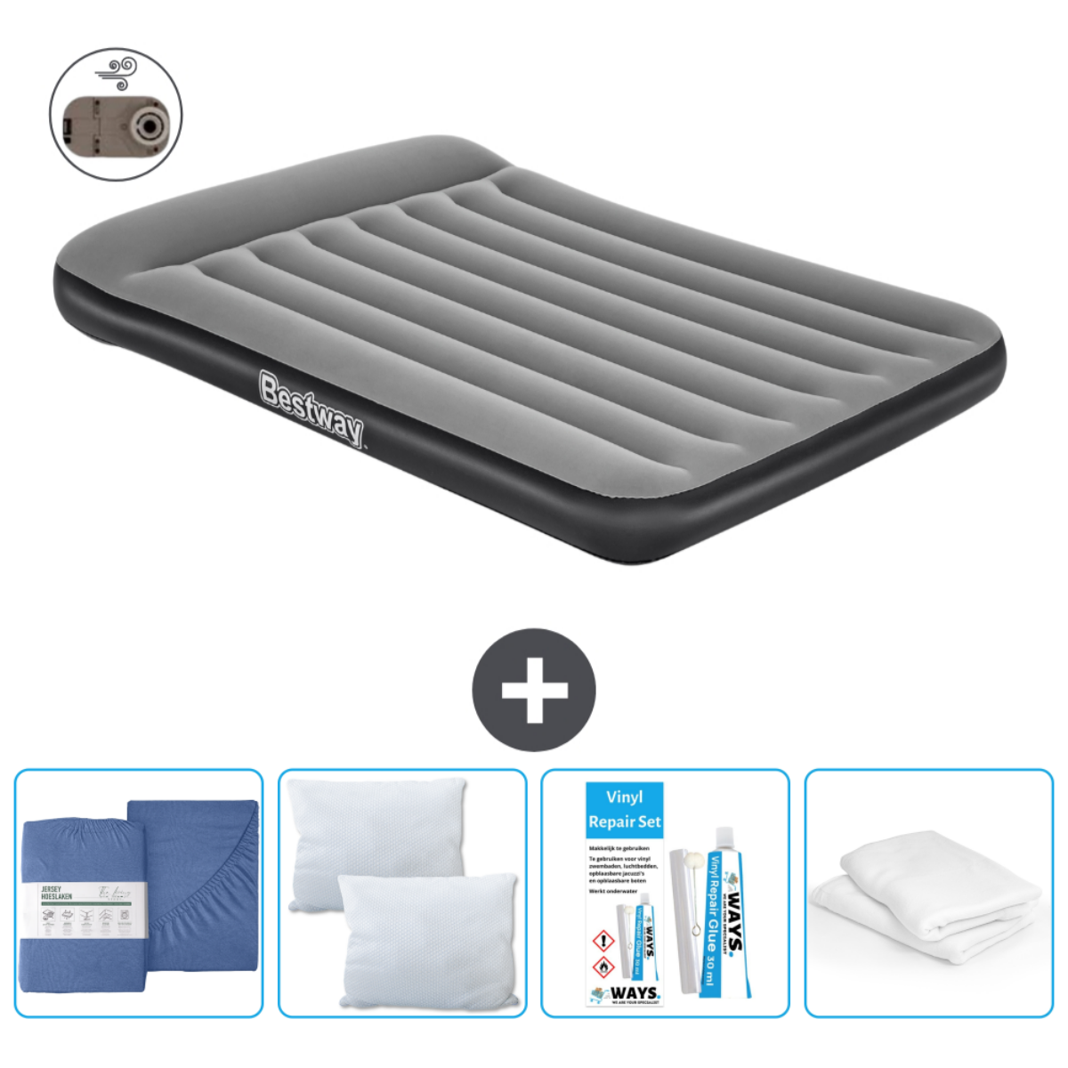 Un matelas gonflable Bestway gris avec accessoires : draps, oreillers, kit de réparation et pompe à air.