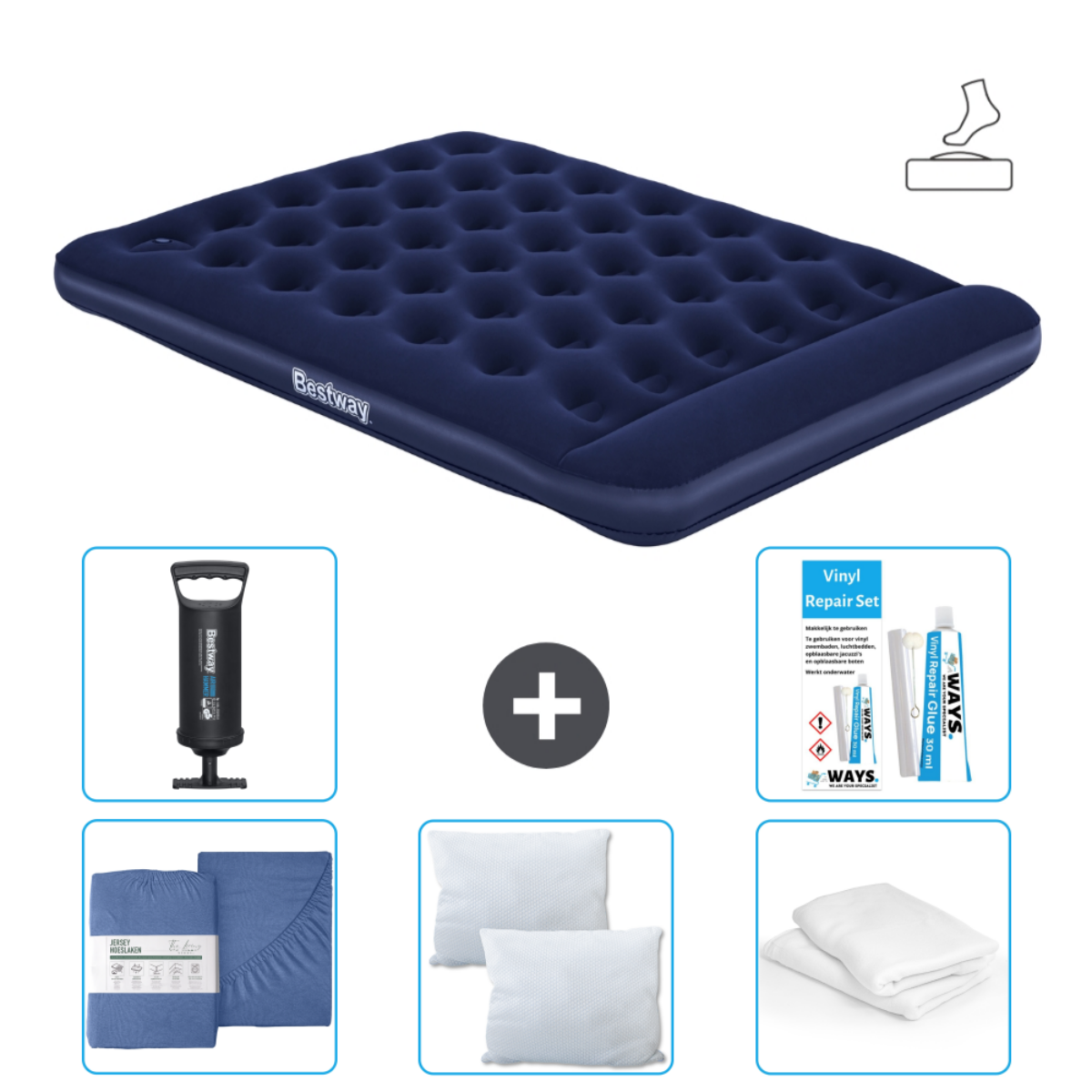 Un matelas pneumatique bleu gonflable avec une pompe, des oreillers, des draps et un kit de réparation.
