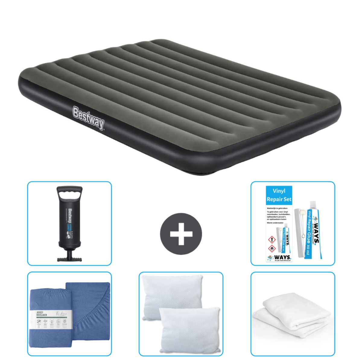 Matelas pneumatique noir avec pompe, draps, oreillers et kit de réparation. Fond blanc.