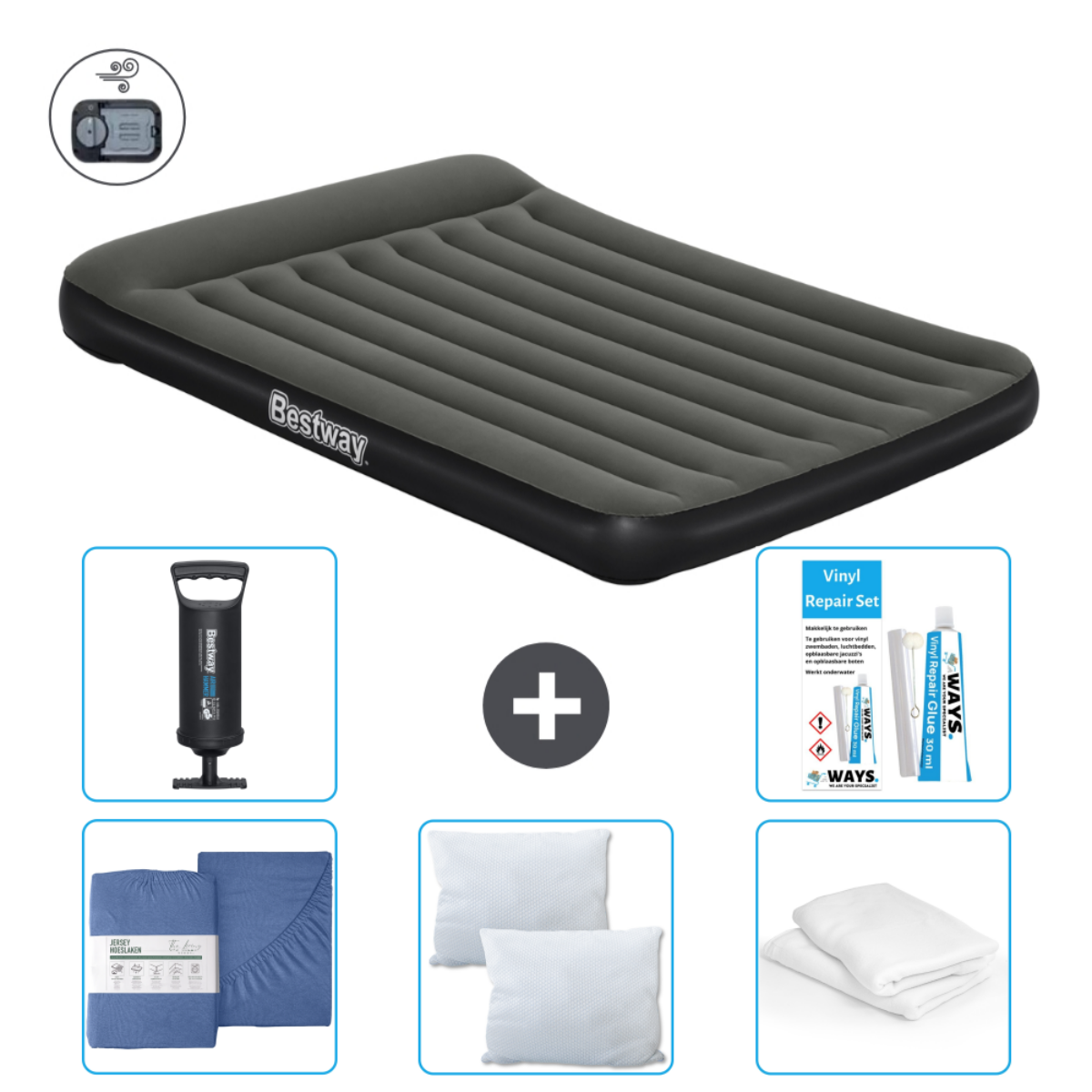 Grijze Bestway luchtmatras, een pomp, beddengoedset, kussens en reparatieset. Plusteken.