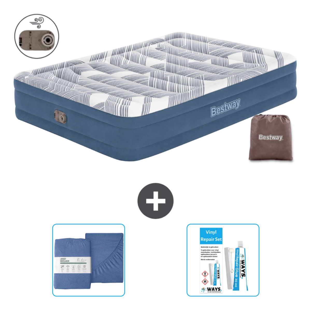 Blauw en grijs opblaasbed met Bestway-logo, lakenset, pomp en reparatieset. Het bed is blauw en wit.
