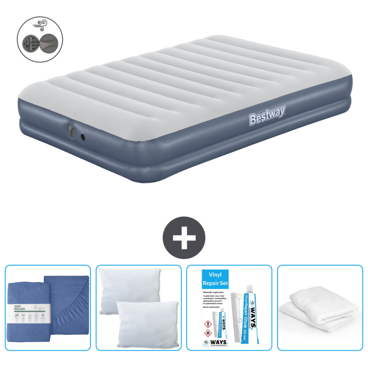 Blauw Bestway luchtbed, kussens, reparatieset en lakens.