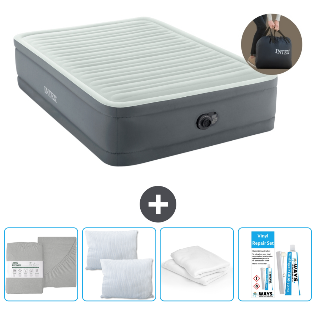 Matelas gonflable gris et blanc avec pompe, kit de réparation, draps, oreillers et sac de transport.