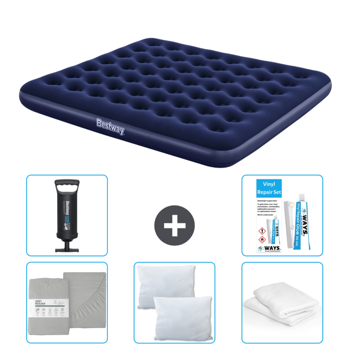 Blauw opblaasbaar matras met Bestway-logo, lakenset, pomp, kussen en reparatieset. Het bed is donkerblauw.