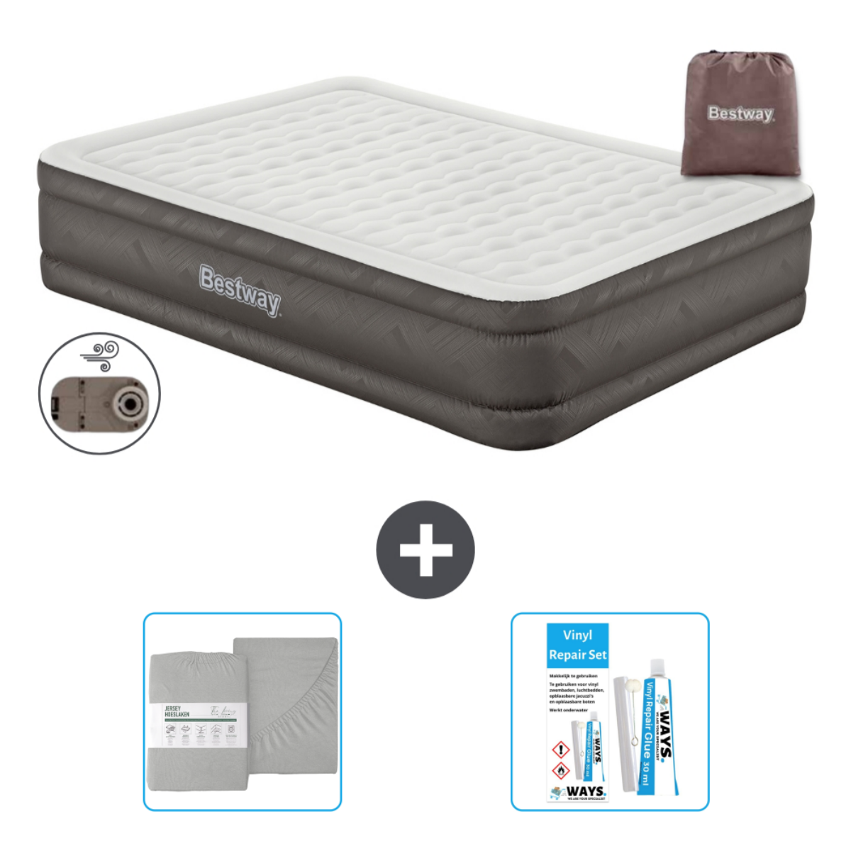 Un matelas pneumatique avec literie, un kit de réparation et un sac de transport. Le matelas est gris et blanc.