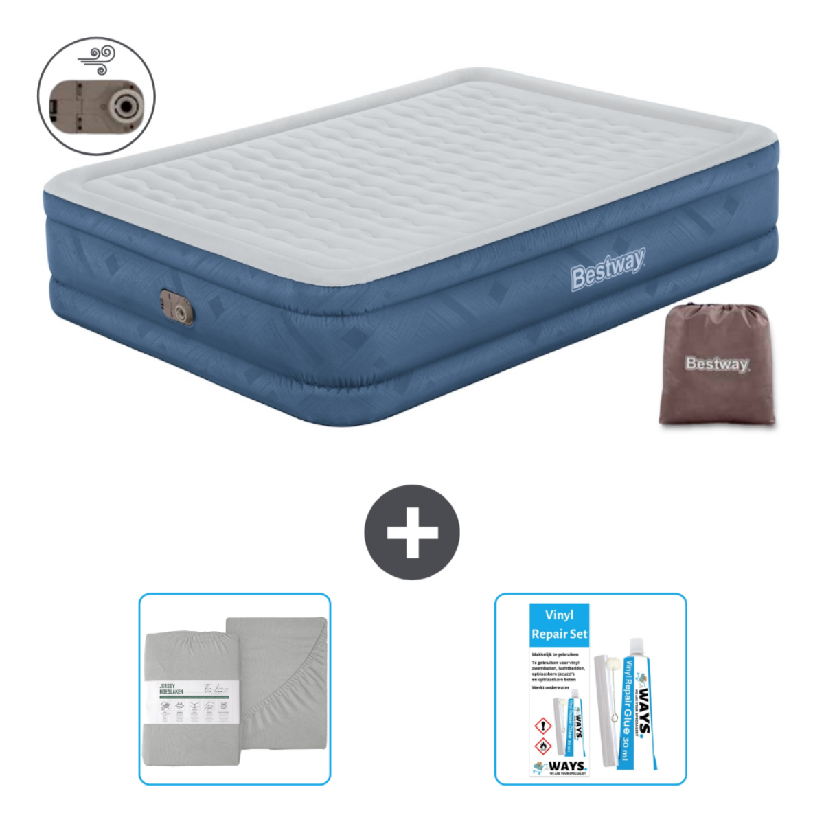 Blauw-witte Bestway luchtmatras met draagtas, lakens en een reparatieset.