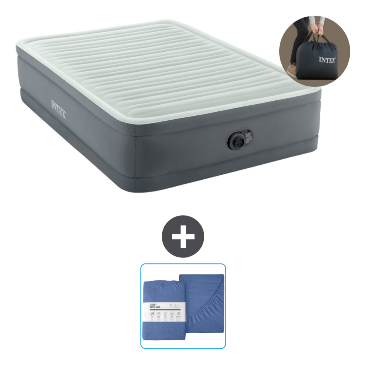 Un matelas pneumatique avec literie et un sac de transport. Le matelas est gris et blanc.