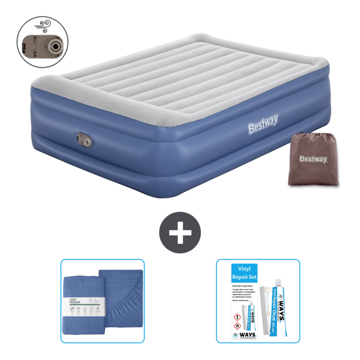 Blauw Bestway luchtbed, reparatieset en bruine tas. Plus blauwe lakens.