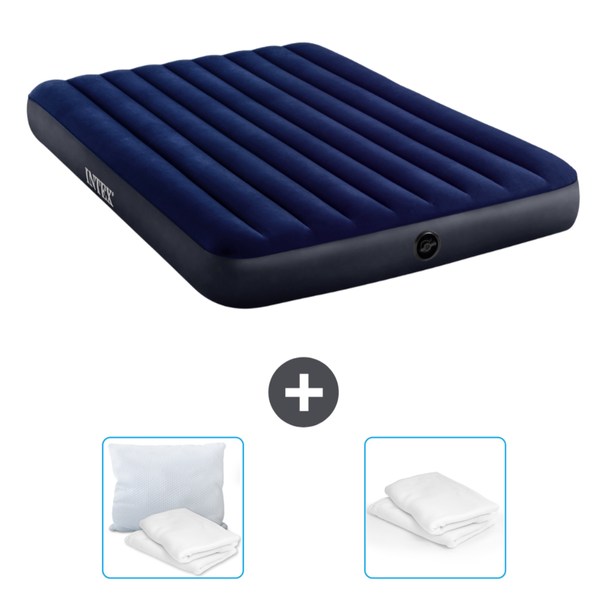 Marineblauw Intex opblaasbaar matras. Inclusief lakens, kussens en een reparatieset.