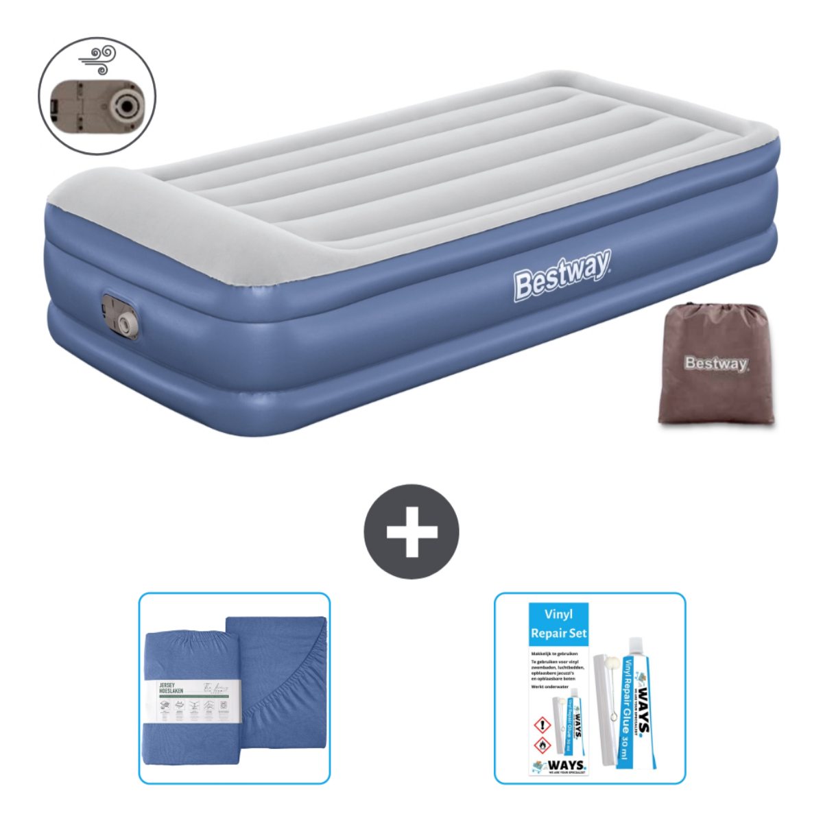 Matelas gonflable Bestway bleu et blanc avec draps, kit de réparation et sac de transport. Blanc.