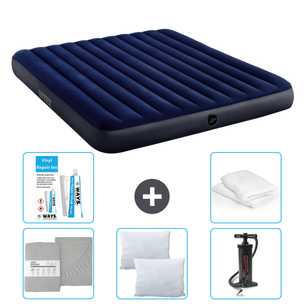 Matelas gonflable bleu marine avec accessoires. Comprend kit de réparation, serviettes, oreillers, et drap-housse.