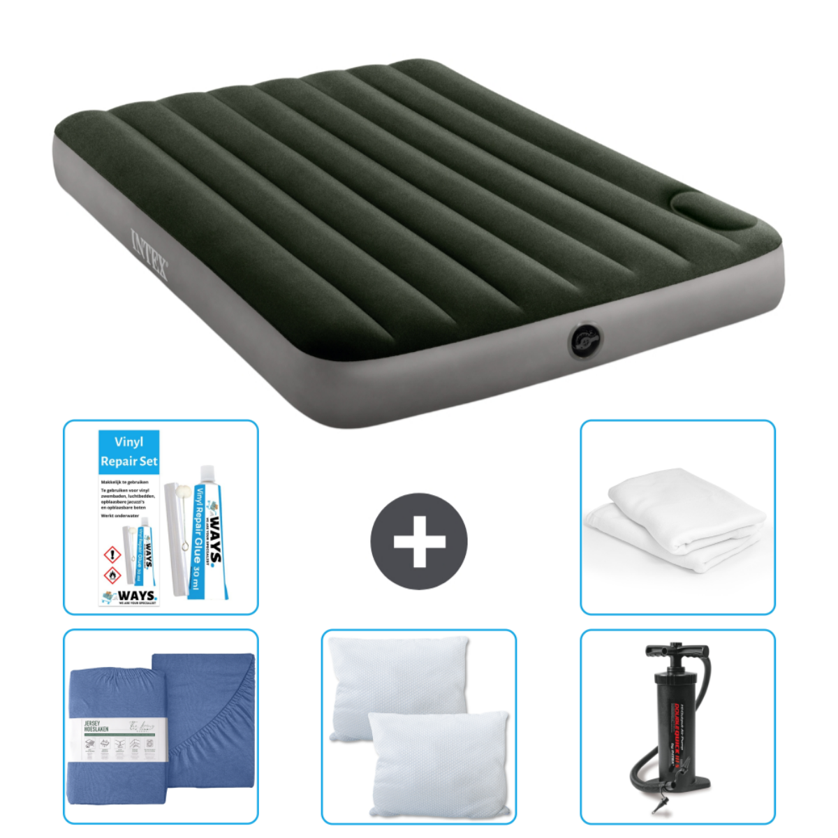 Matelas gonflable Intex vert, kit de réparation, draps bleus, oreillers et pompe. Blanc.