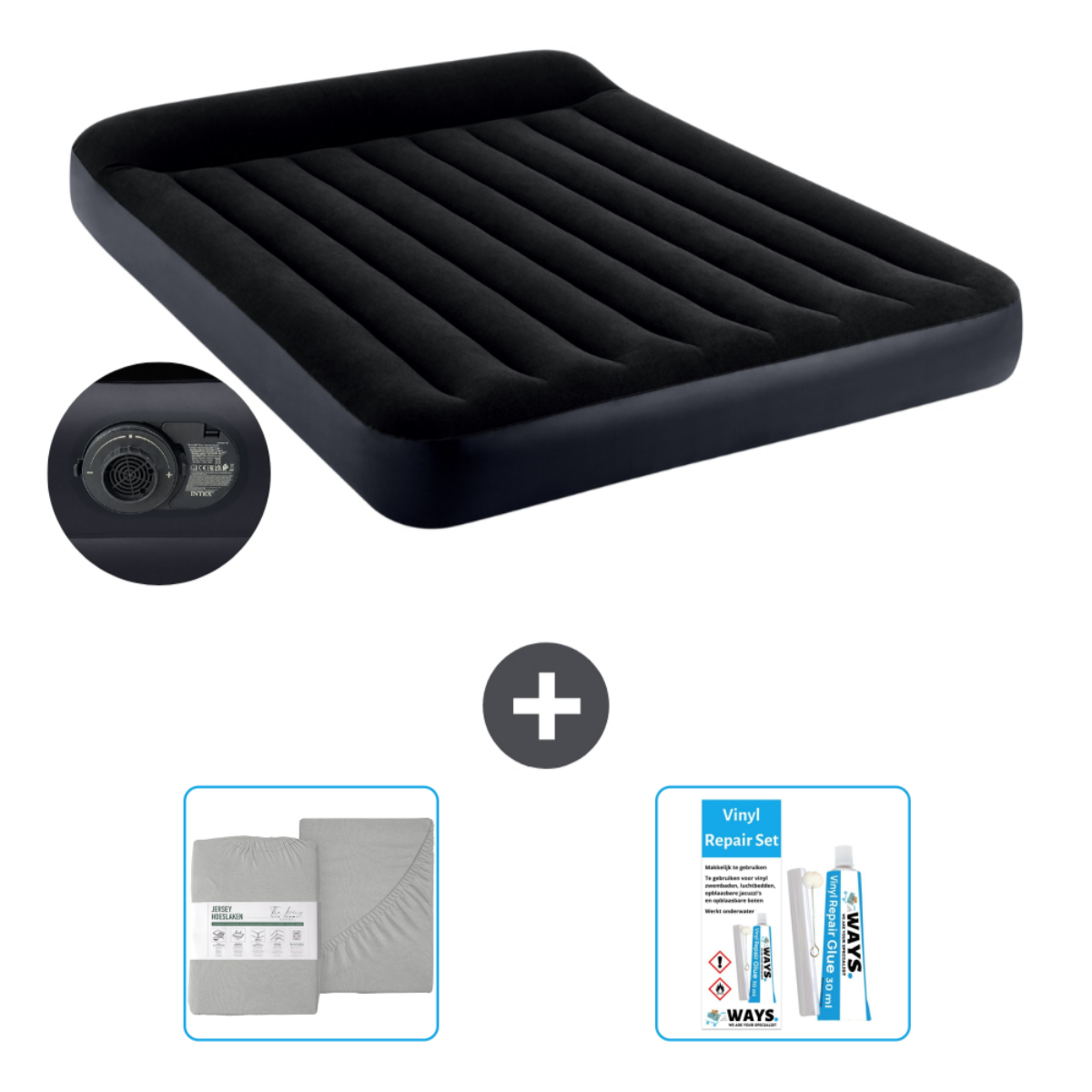 Matelas gonflable noir avec literie et kit de réparation. Comprend une pompe à air.