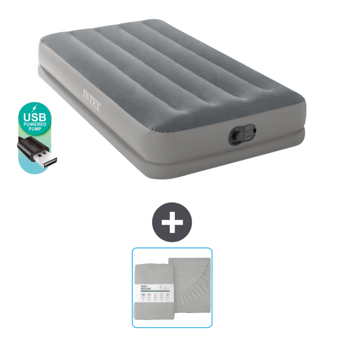 Grijs luchtmatras met lakens. Heeft een USB-aangedreven pomp.