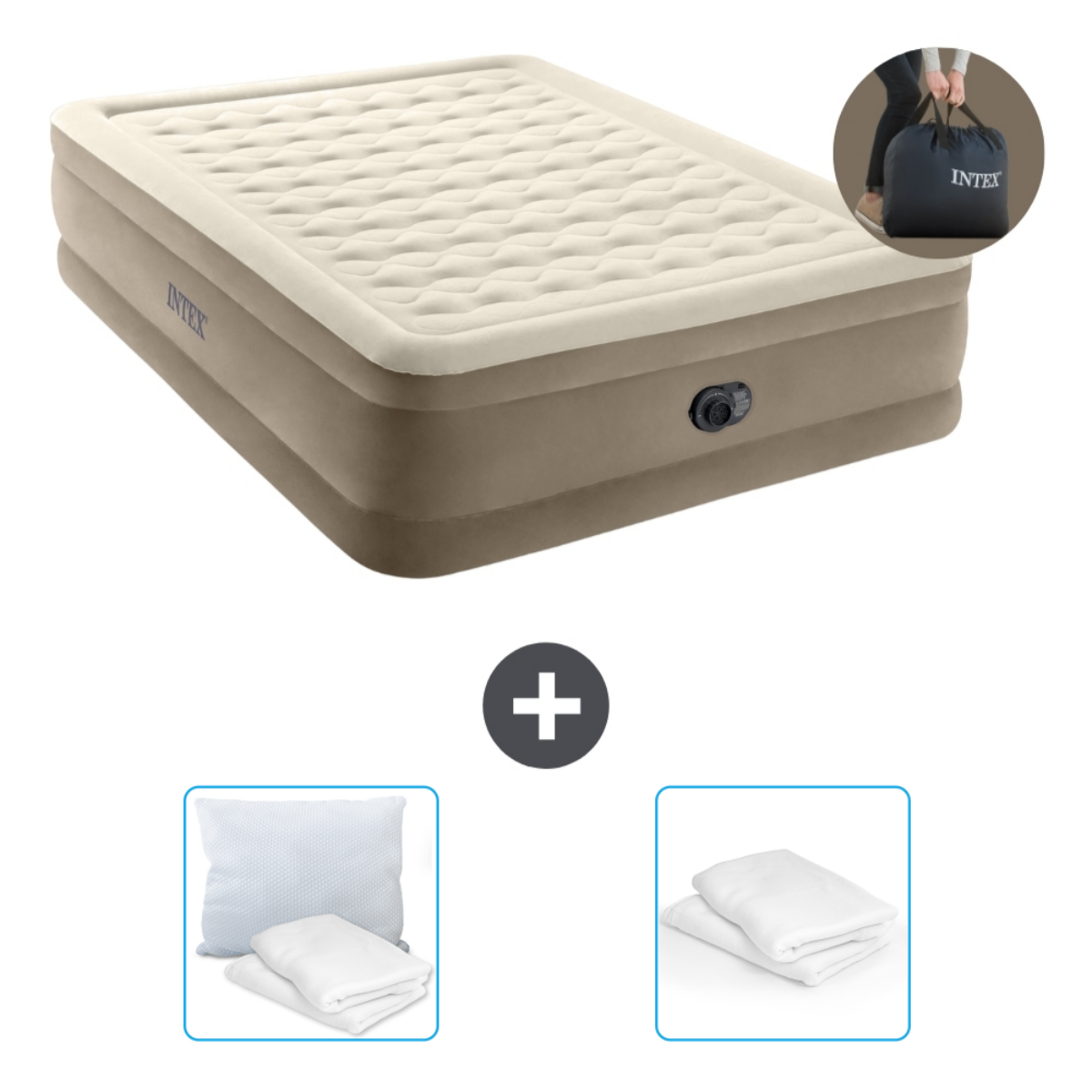 Beige luchtbed met accessoires: kussens, lakens en een draagtas. Witte achtergrond.