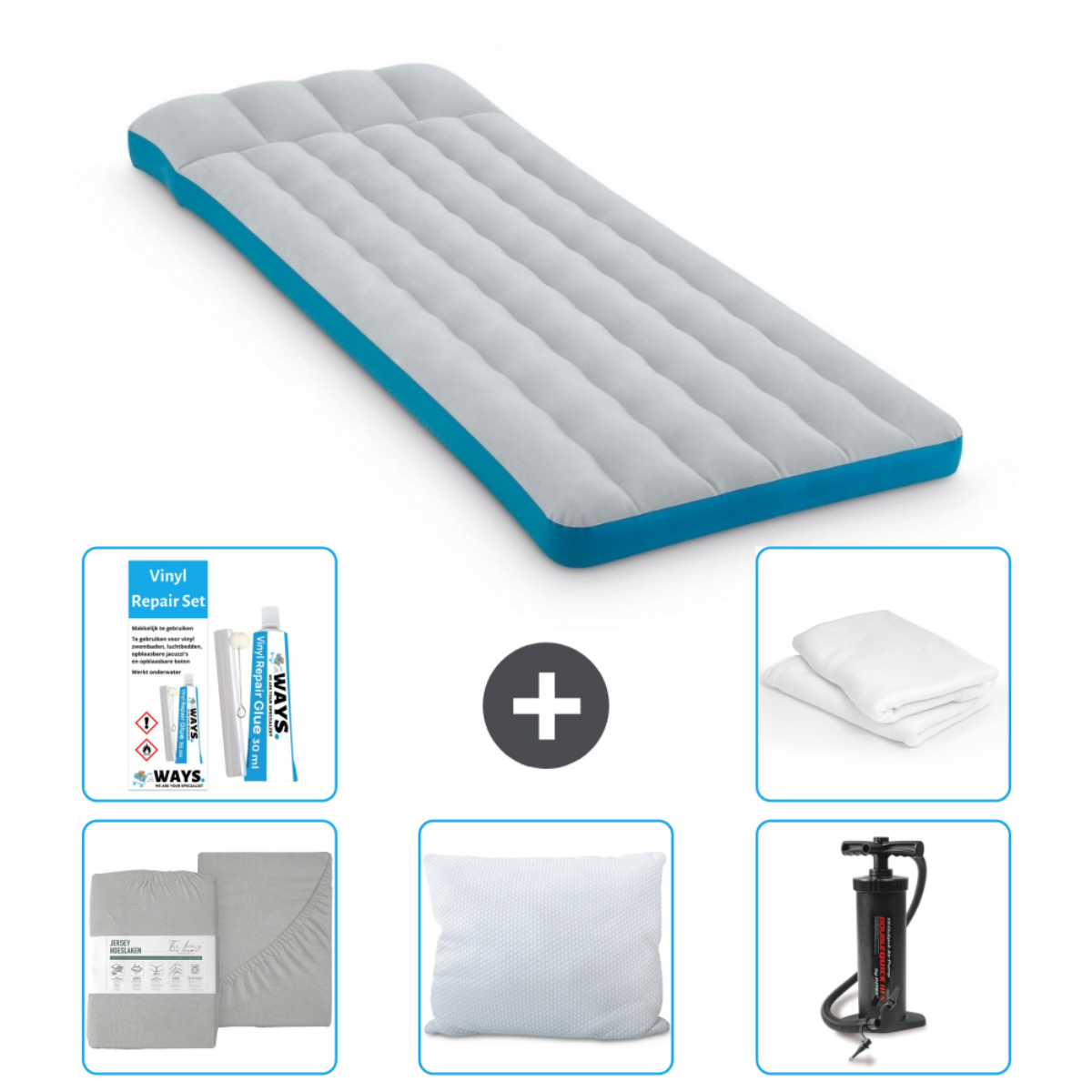 Grijs luchtbed met accessoires. Inclusief lakens, een kussen, een pomp en een reparatieset.
