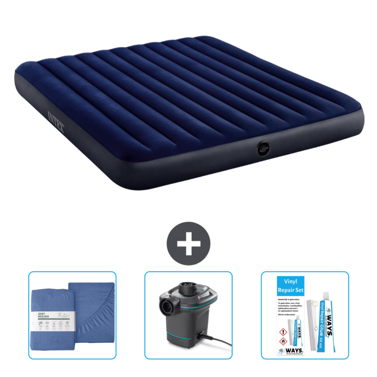 Blauwe Intex luchtmatras, lakenset, pomp en reparatieset.