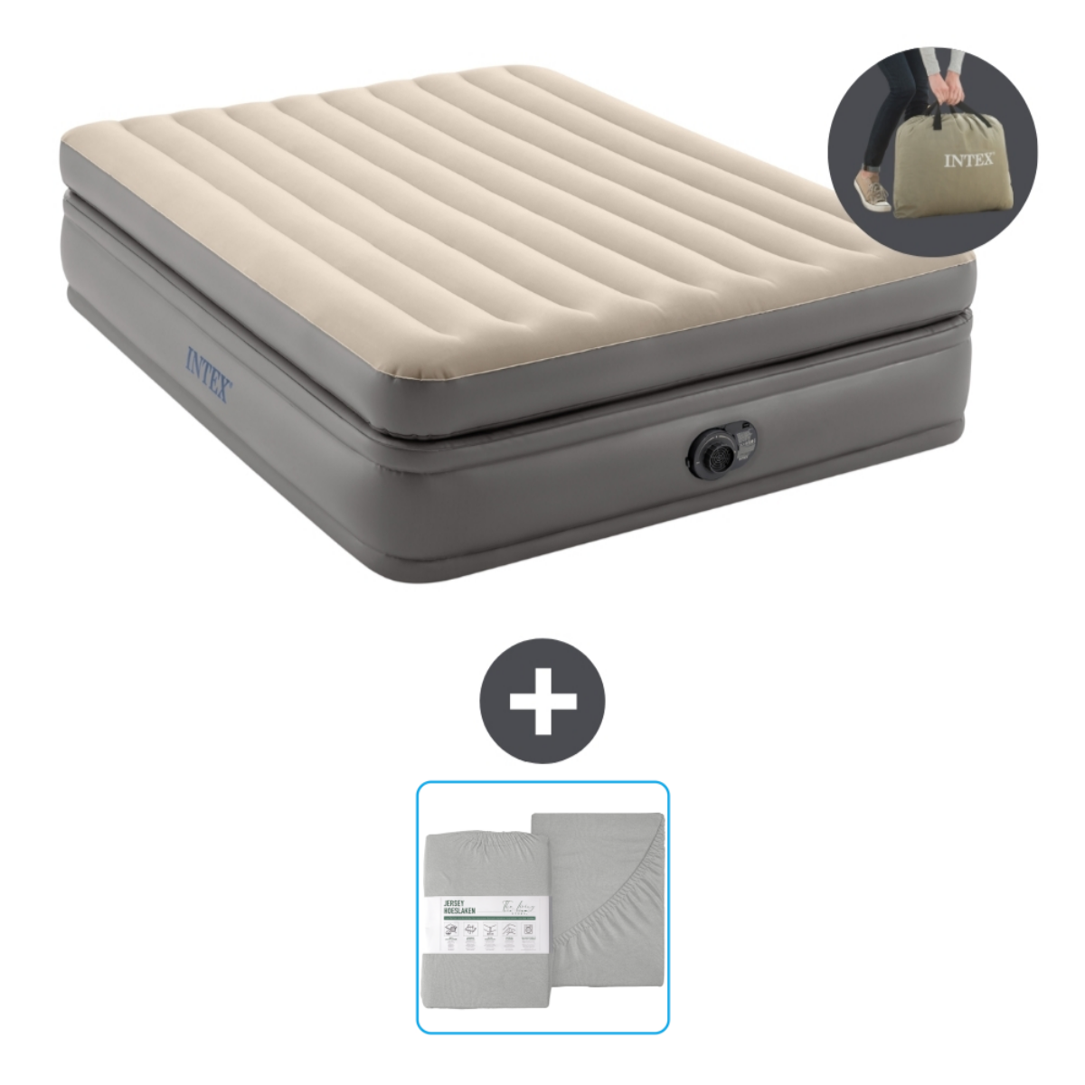 Beige en grijze opblaasmatras. Inclusief een grijze lakenset en een draagtas met 'INTEX'.