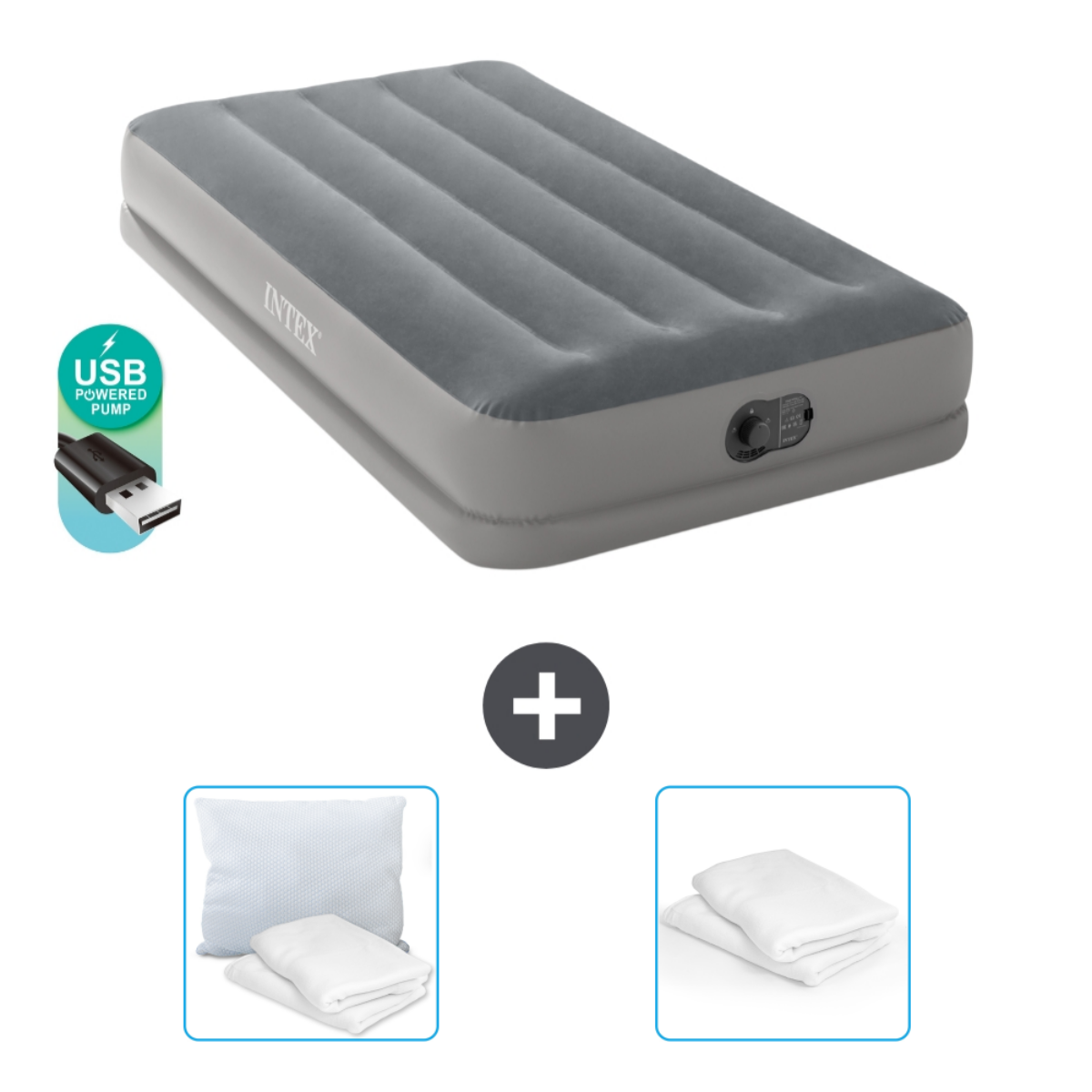 Un matelas gonflable, un oreiller, deux serviettes et une pompe alimentée par USB. Le logo Intex est visible.