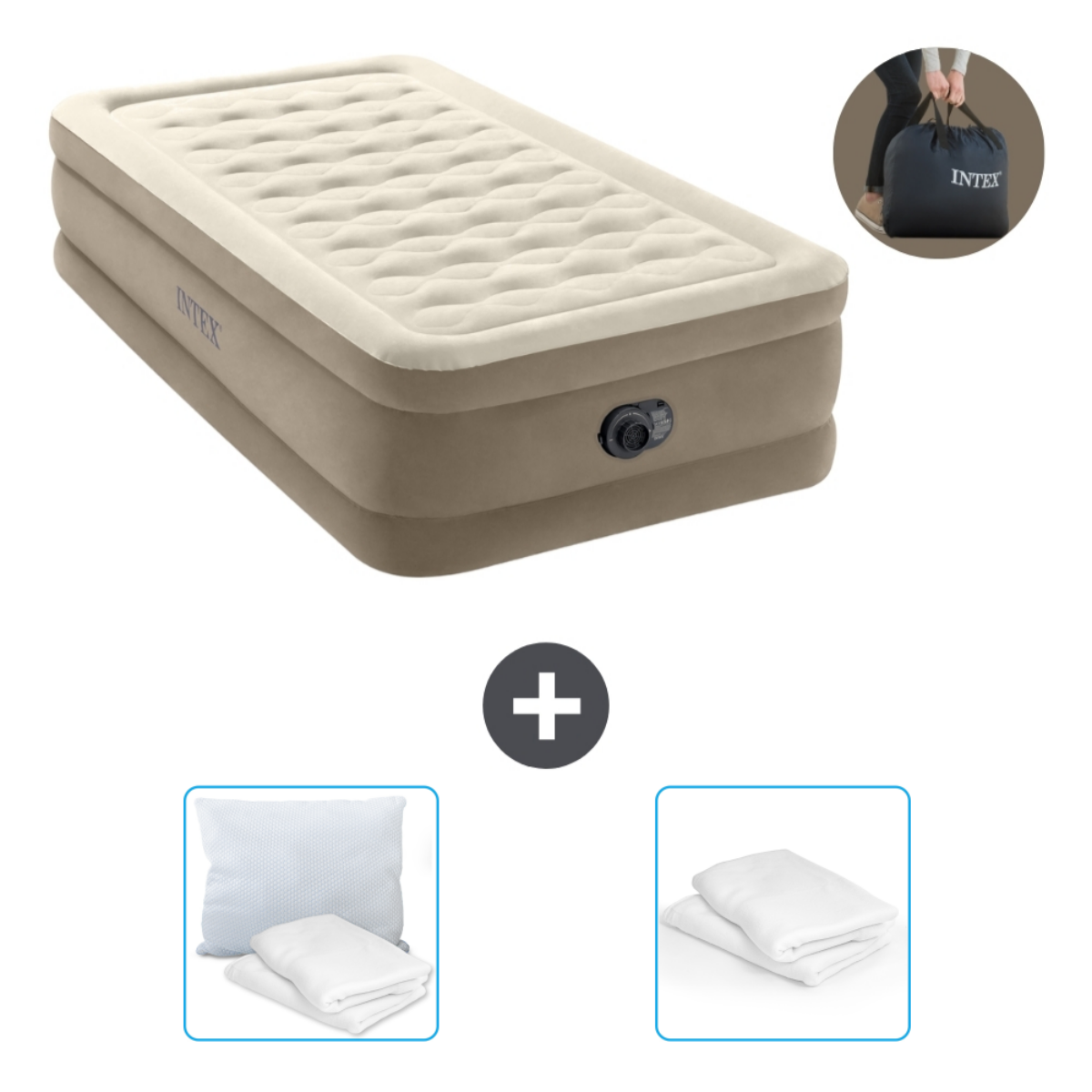 Beige luchtbed, merk Intex, met kussens, lakens en een draagtas.