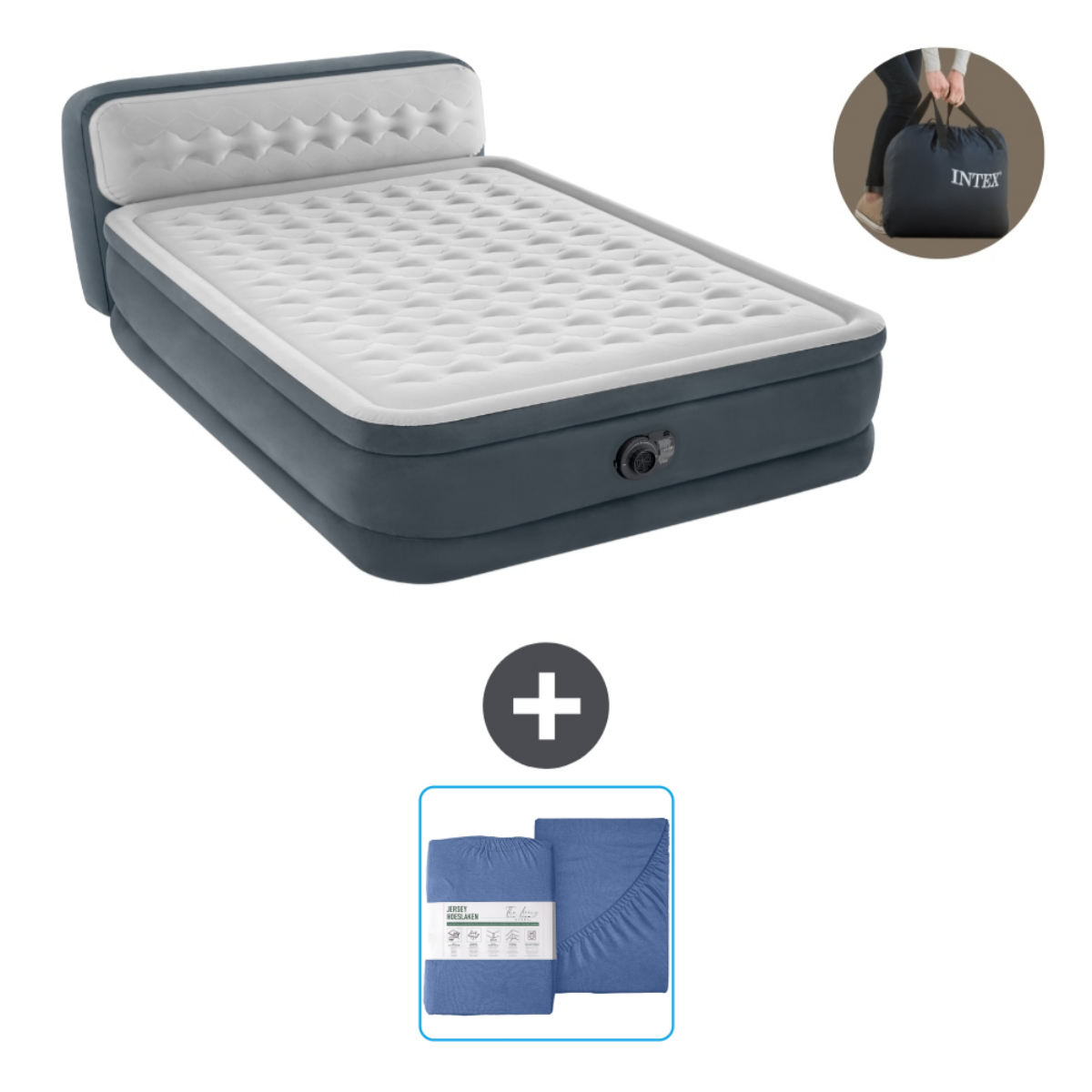 Un matelas pneumatique avec literie et un sac de transport. Le matelas est bleu et blanc.