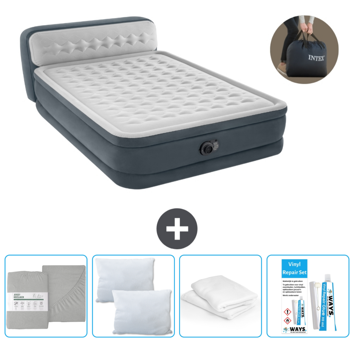 Matelas gonflable gris avec appui-tête, oreillers, draps blancs, kit de réparation et sac.