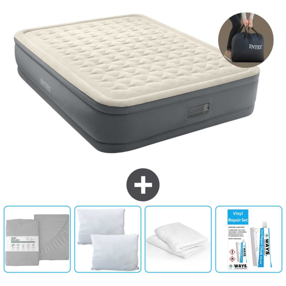 Luchtmatras met een beige bovenkant en een grijze basis, met een pomp en een Intex tas. Inclusief lakens, kussens en een reparatieset.