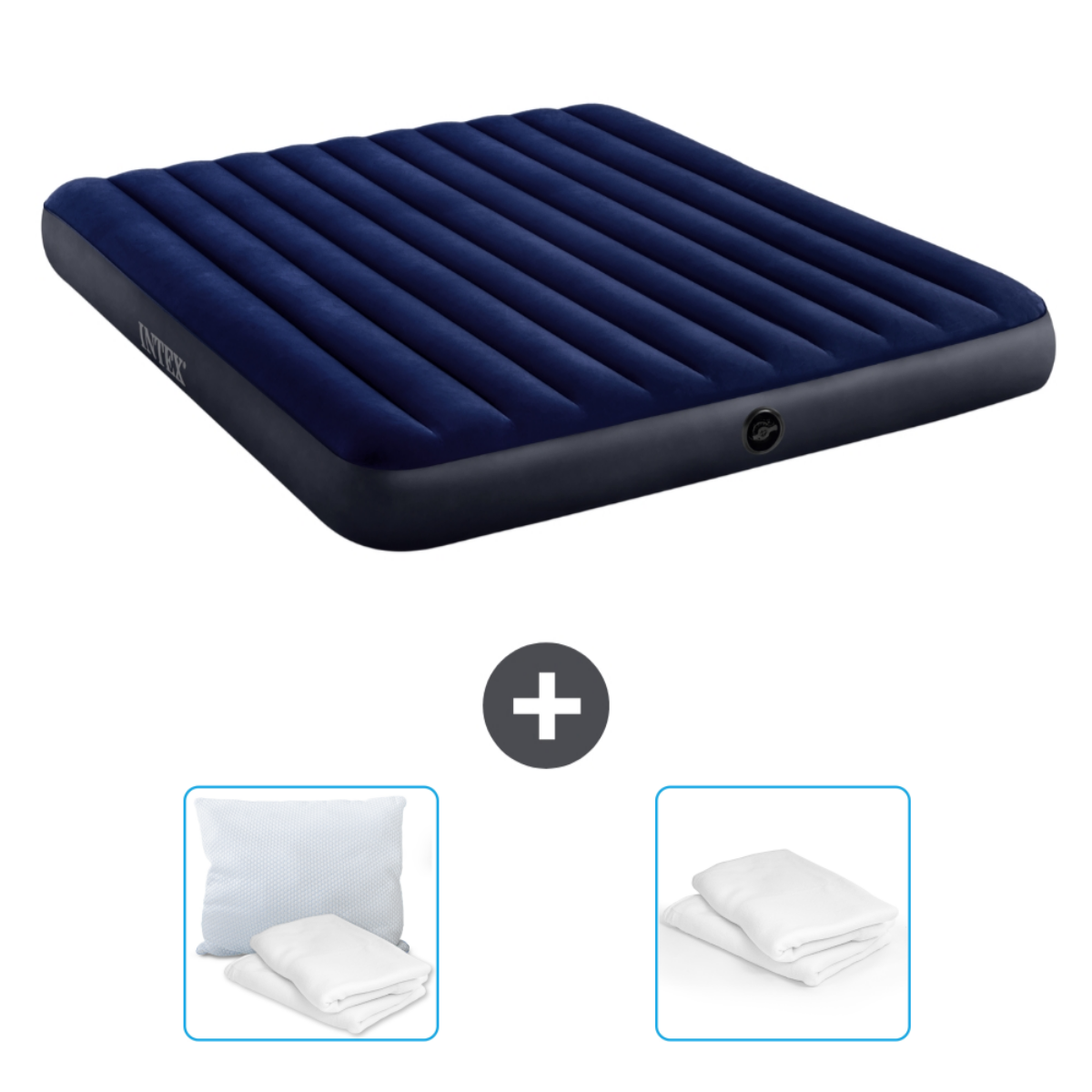 Een blauw luchtmatras, twee handdoeken en een kussen. Het Intex-logo is zichtbaar.