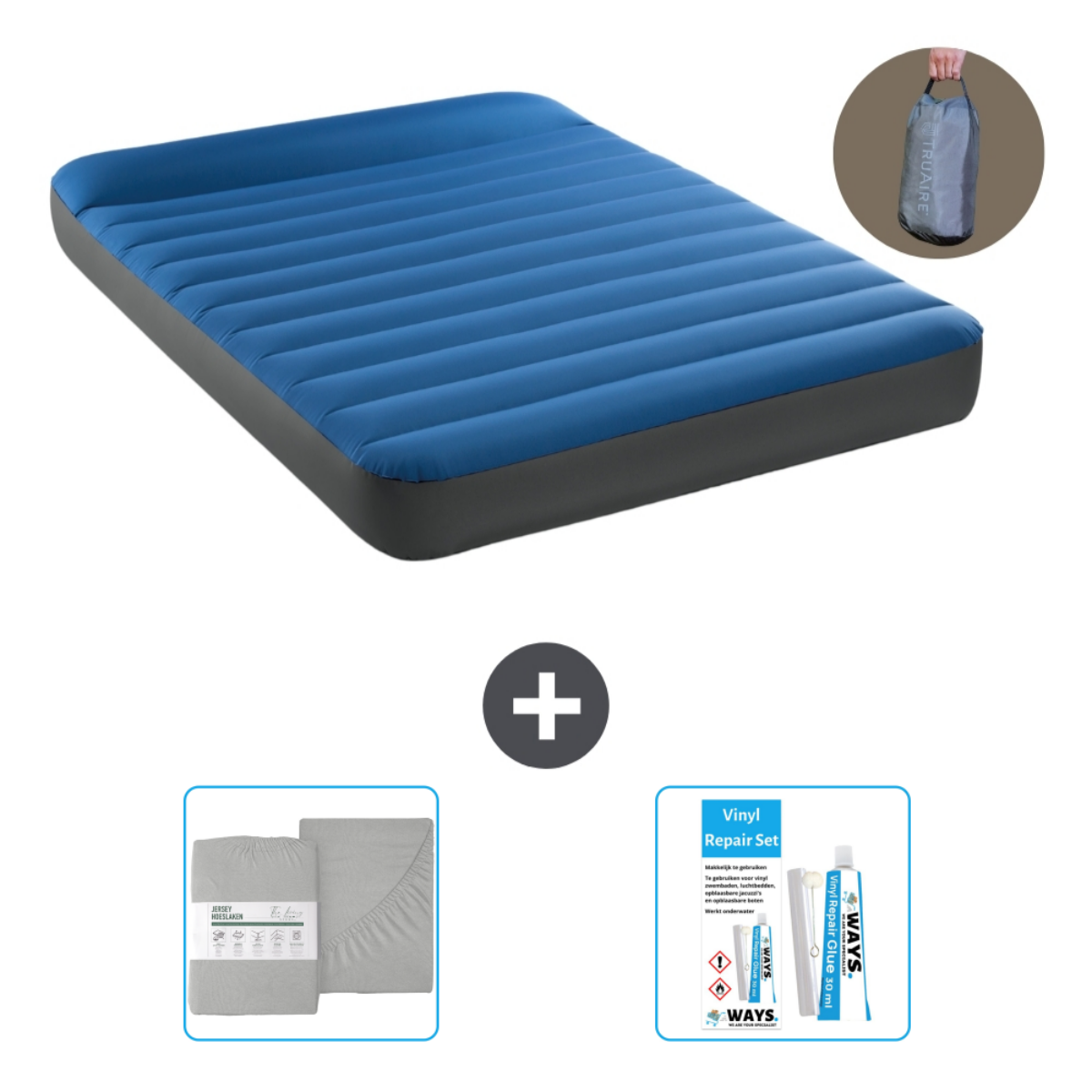 Blauwe opblaasmatras met accessoires. Inclusief een lakenset en een vinyl reparatieset.