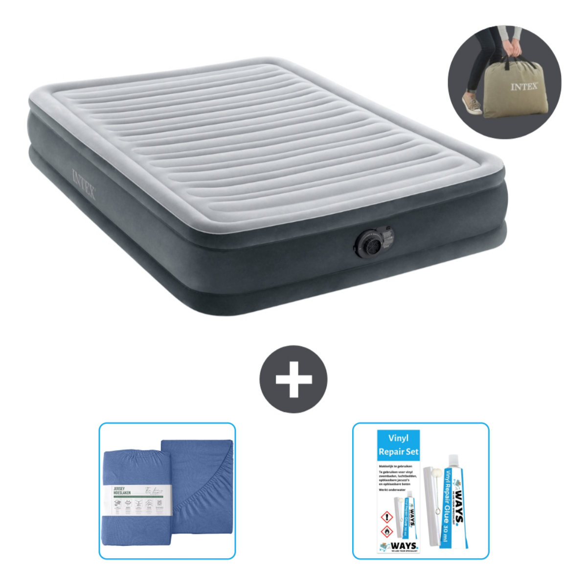 Een luchtmatras met beddengoed, een reparatieset en een draagtas. De matras is grijs en wit.