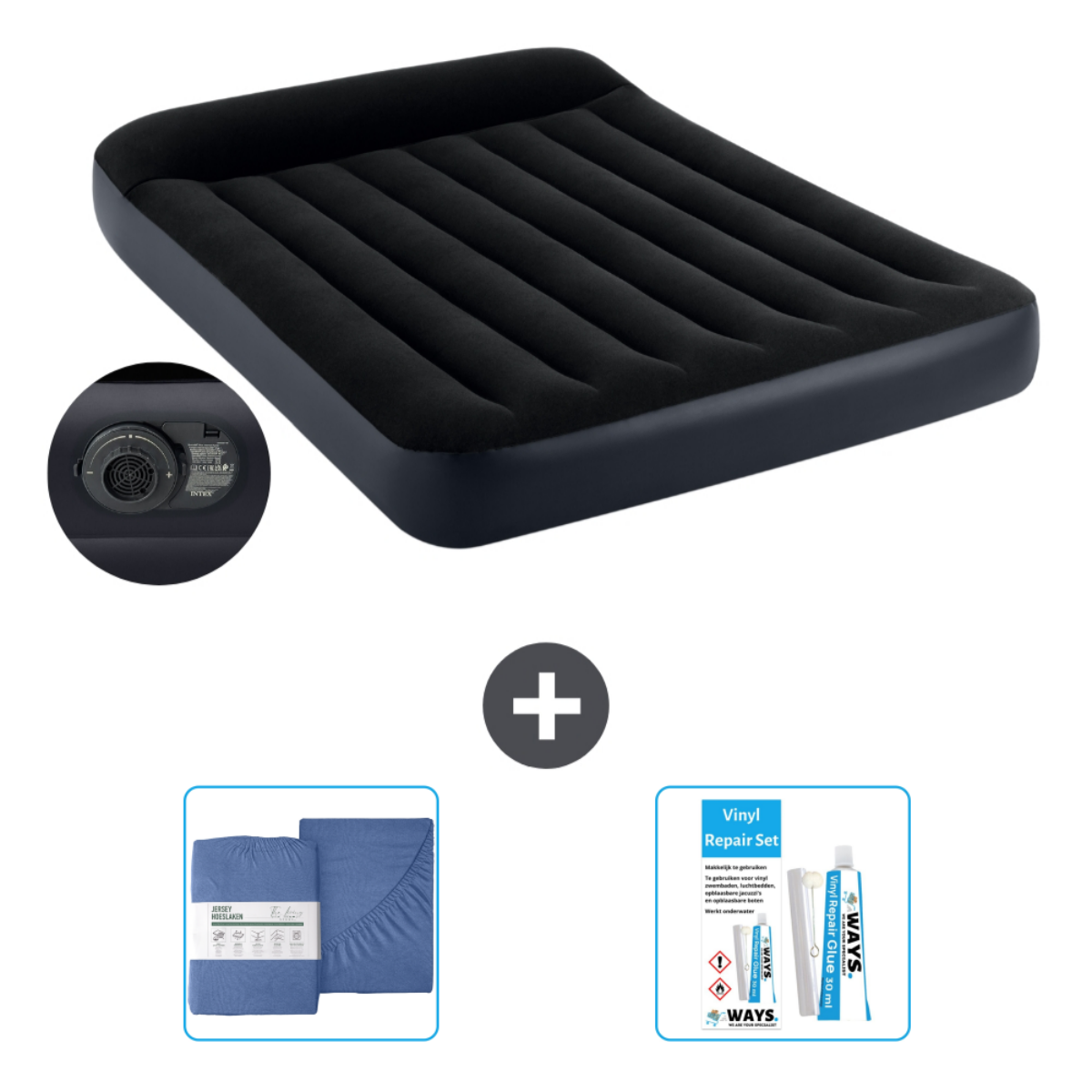 Matelas gonflable noir, draps bleus et kit de réparation, signe plus.