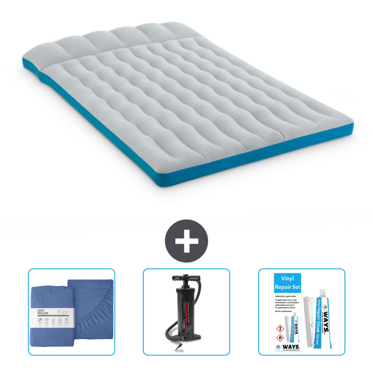 Matelas gonflable gris avec bordure bleue, literie, une pompe et un kit de réparation.
