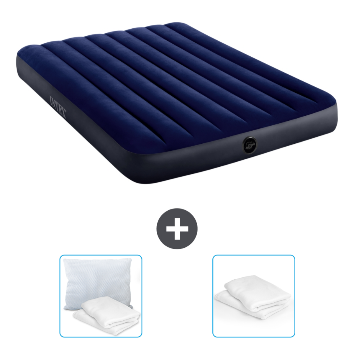 Blauw Intex luchtbed met accessoires. Inclusief een kussen, lakens en een reparatieset.