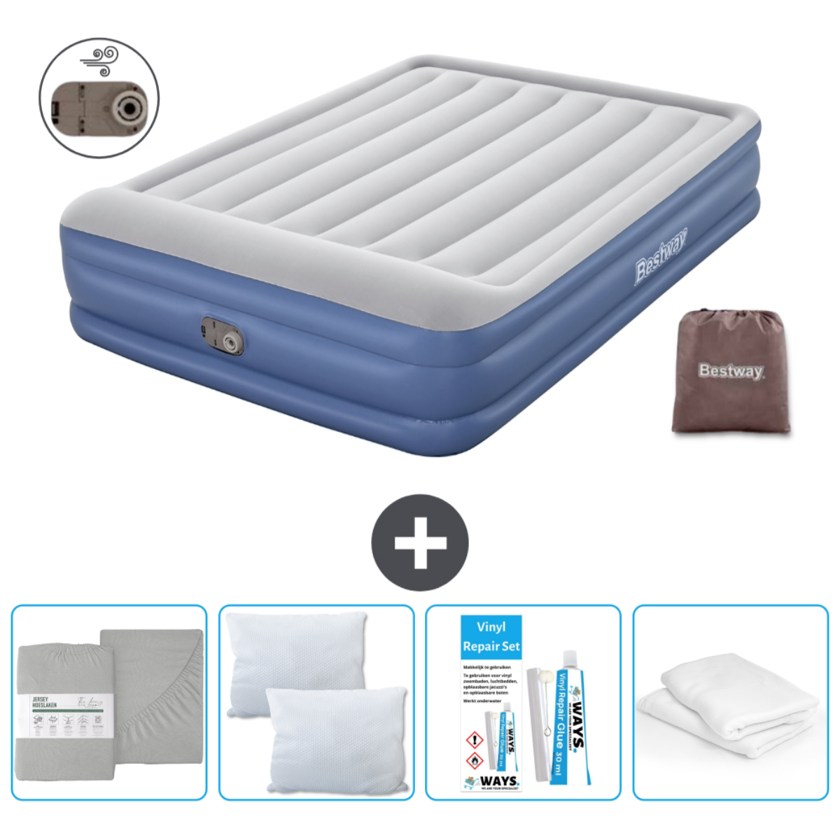 Blauw-witte Bestway luchtmatras. Plus: lakenset, kussens, pomp en reparatieset.