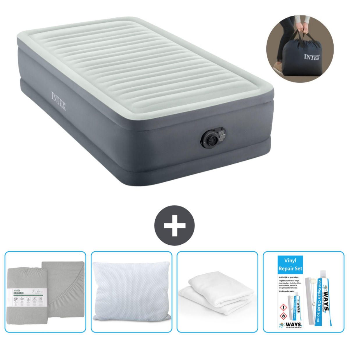 Matelas pneumatique gris avec accessoires: kit de réparation, oreillers, draps, sac. Fond blanc.