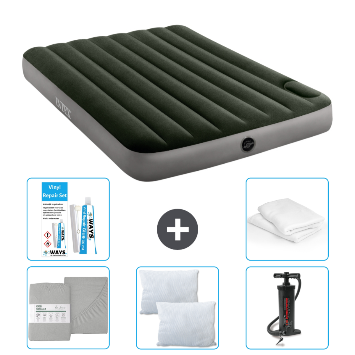 Een luchtmatras met beddengoed, een reparatieset, kussens en een pomp. De matras is groen.