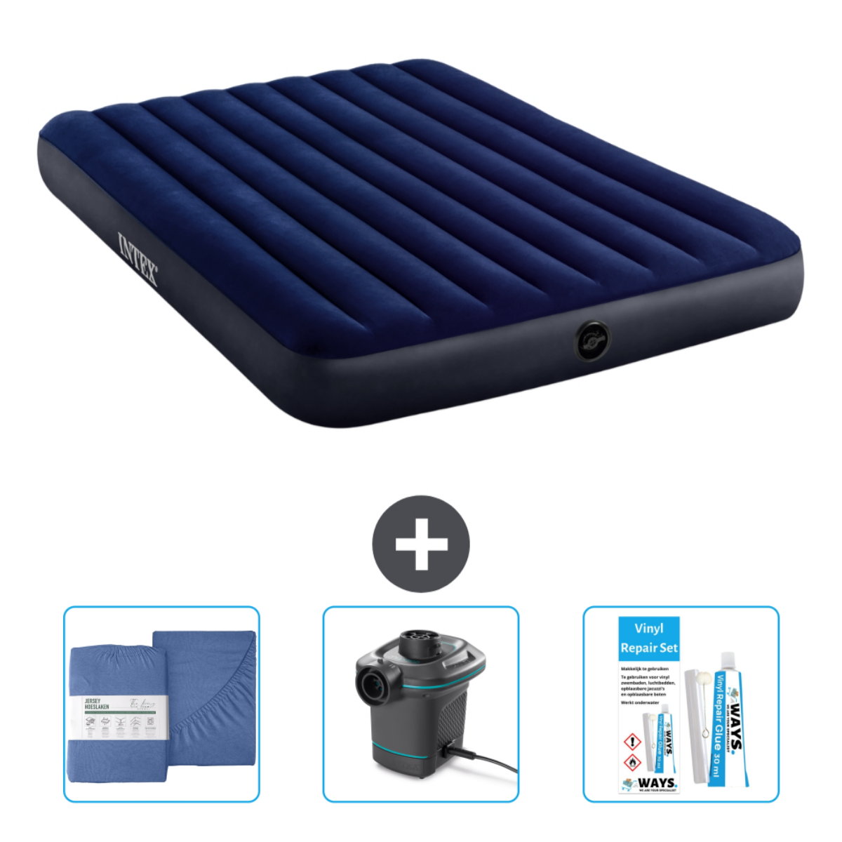 Matelas gonflable bleu marine avec literie, une pompe et un kit de réparation.