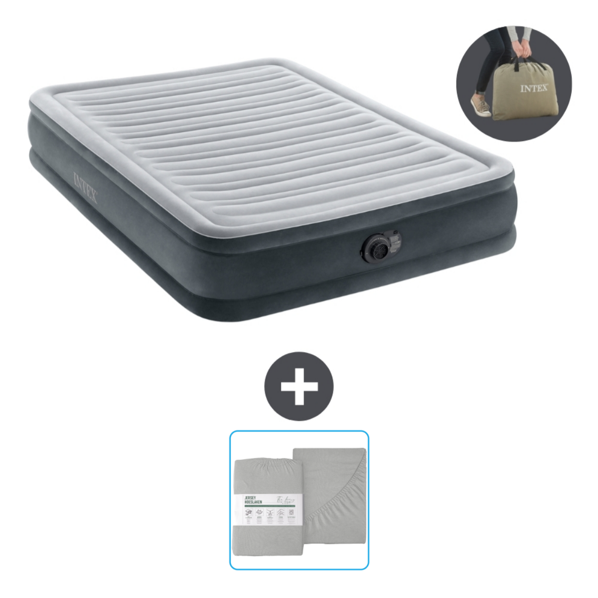 Opblaasbare luchtmatras met lakens, een draagtas en een plus teken met meer items.