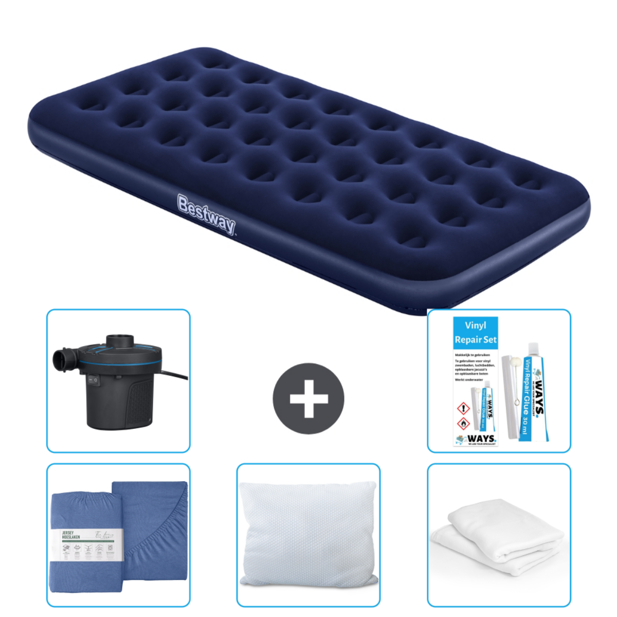 Donkerblauwe Bestway luchtmatras, pomp, beddengoedset, kussens en reparatieset. Plusteken.
